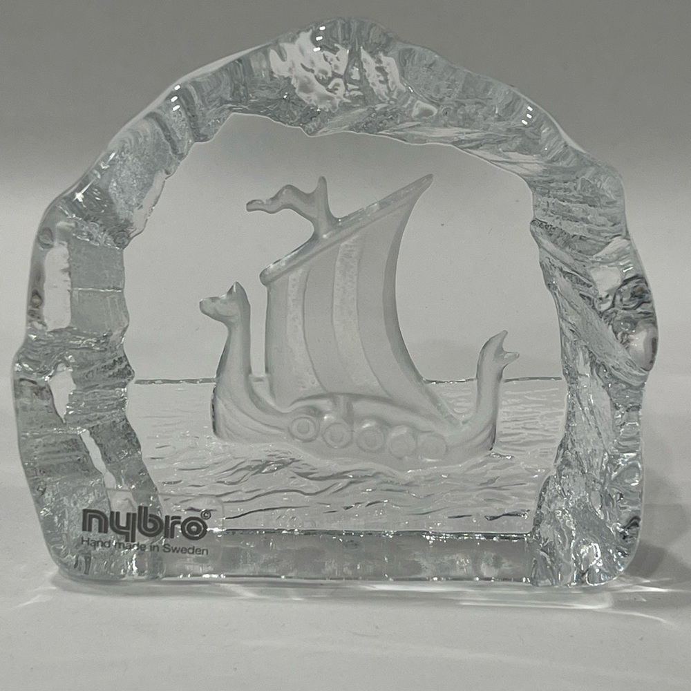 Vintage Crystal Paperweight Viking Vessel by Nybro Sweden Original Label Signed